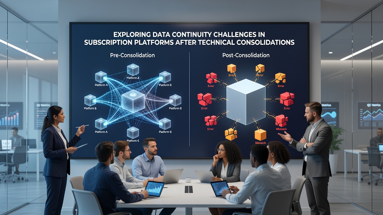Analytics dashboards monitoring subscriber data integrity post-consolidation with charts and logs